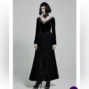 PunkRave Velvet Maxi Dress Widow Sleeves Lace Up Back XL